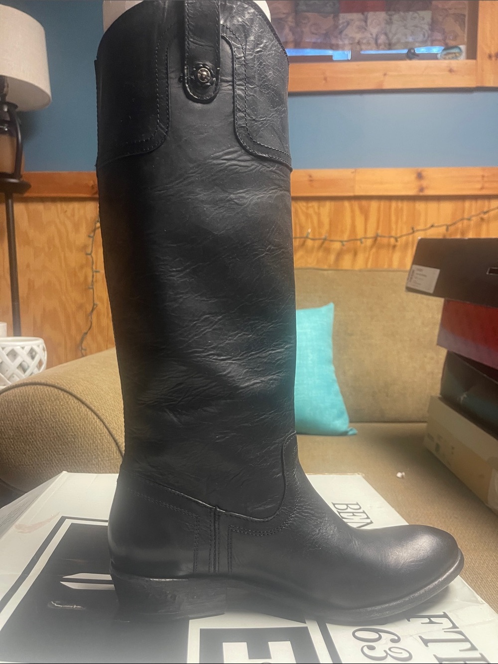 Frye Black Leather Knee-High Carson  Riding button